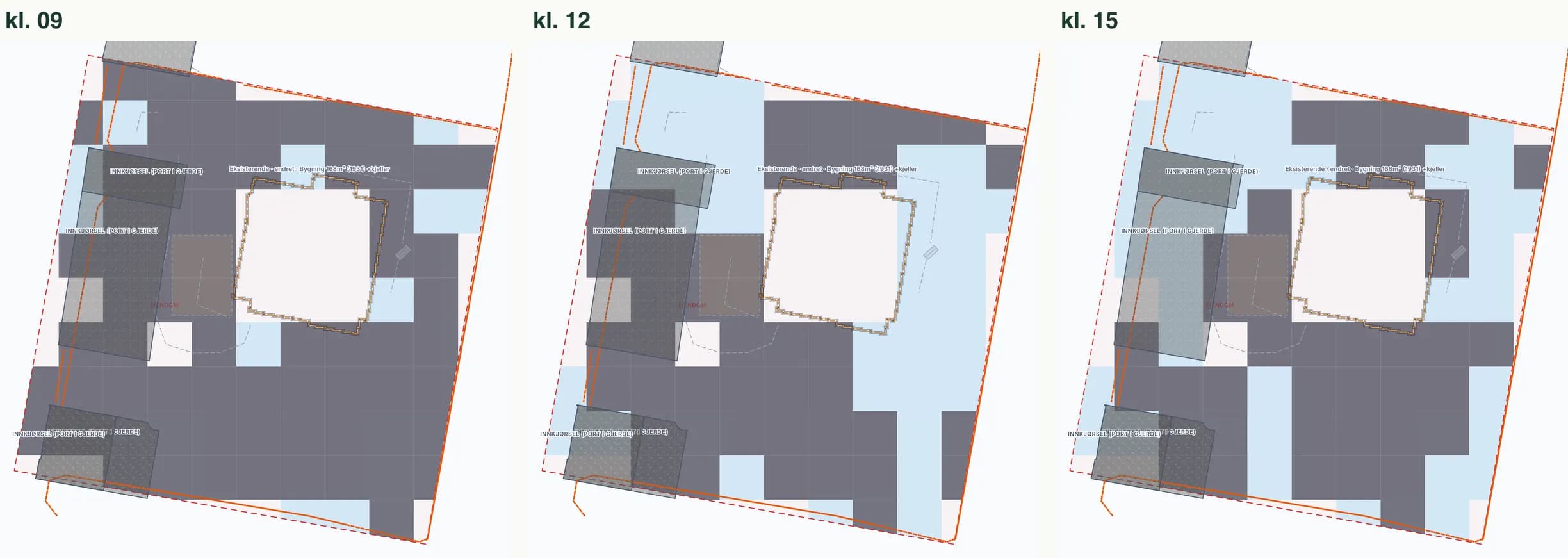 Tre utsnitt av tomta på Vækerøåsen 20 i ProsjektKlars 2D-plan, klokka 09, 12 og 15. Mørke ruter er beregnet skygge, lyseblå ruter har direkte sol; skyggen flytter seg over tomta gjennom dagen.